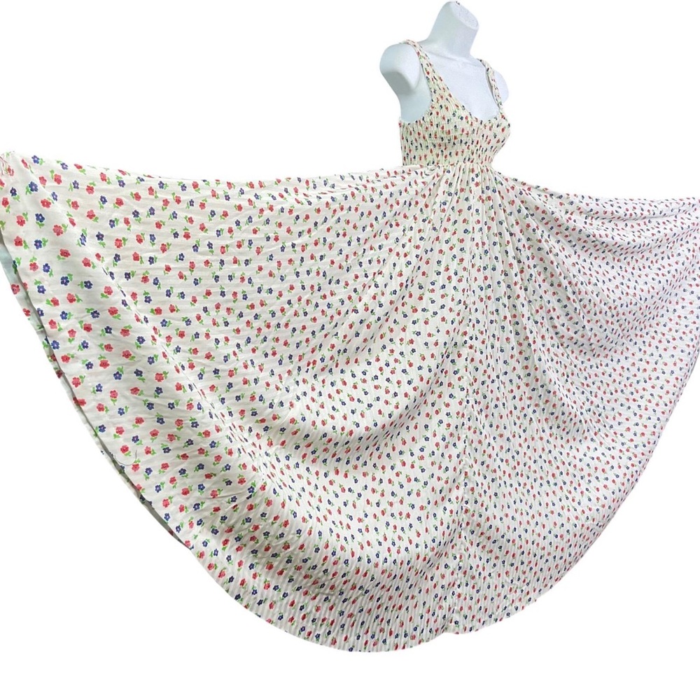 💃SOLD💃  70s hippie striped smocked calico full sweep semi sheer maxi dress - Picture 7 of 9
